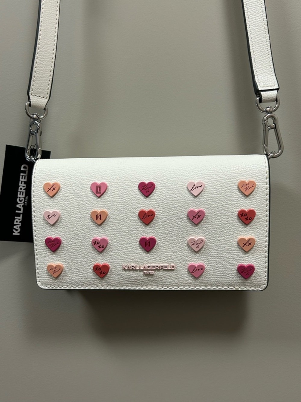 Karl Lagerfeld White Crossbody Bag with Pink & Red Heart Studs